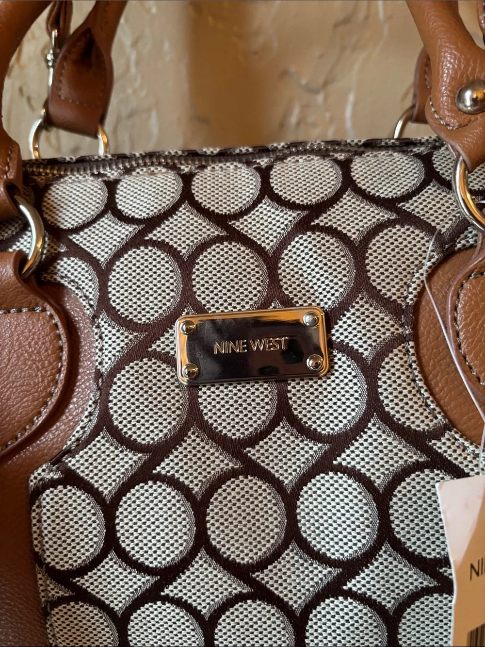 Nine West Beige and Brown Jacquard Satchel
